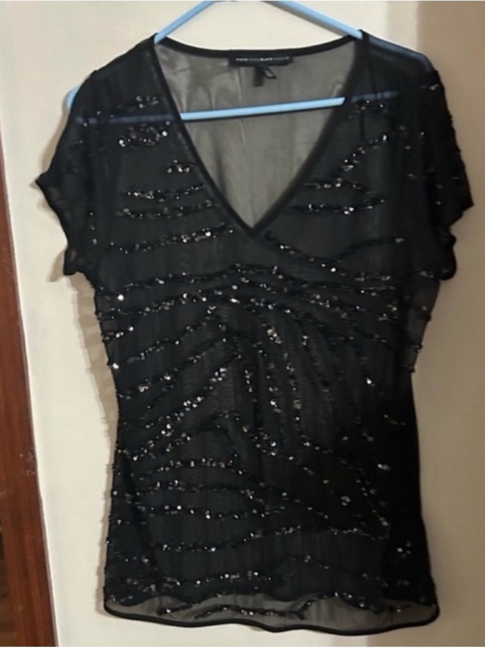 White House Black Market Size Large Black Beaded V-Neck Blouse